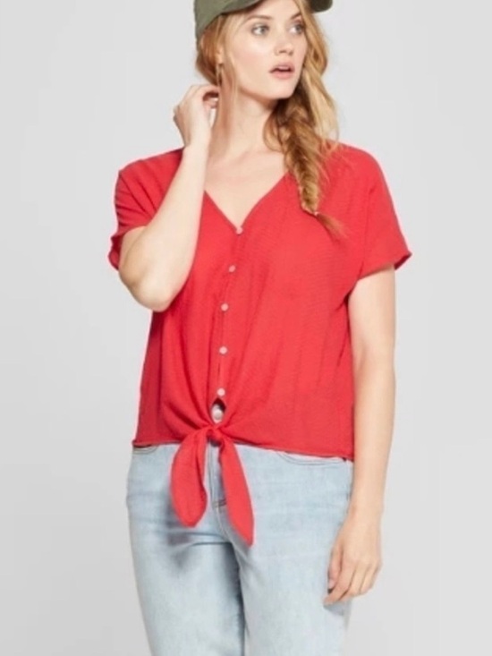 Universal Thread Tops - Universal Thread Red Tie Front Top Size M Buttoned Dolman Sleeve Cotton Blouse